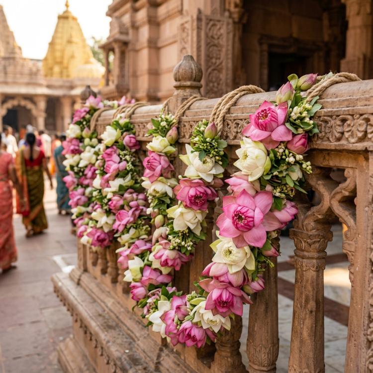 Garlands made of pink and white lotus flowers hanging on carved stone temple railing