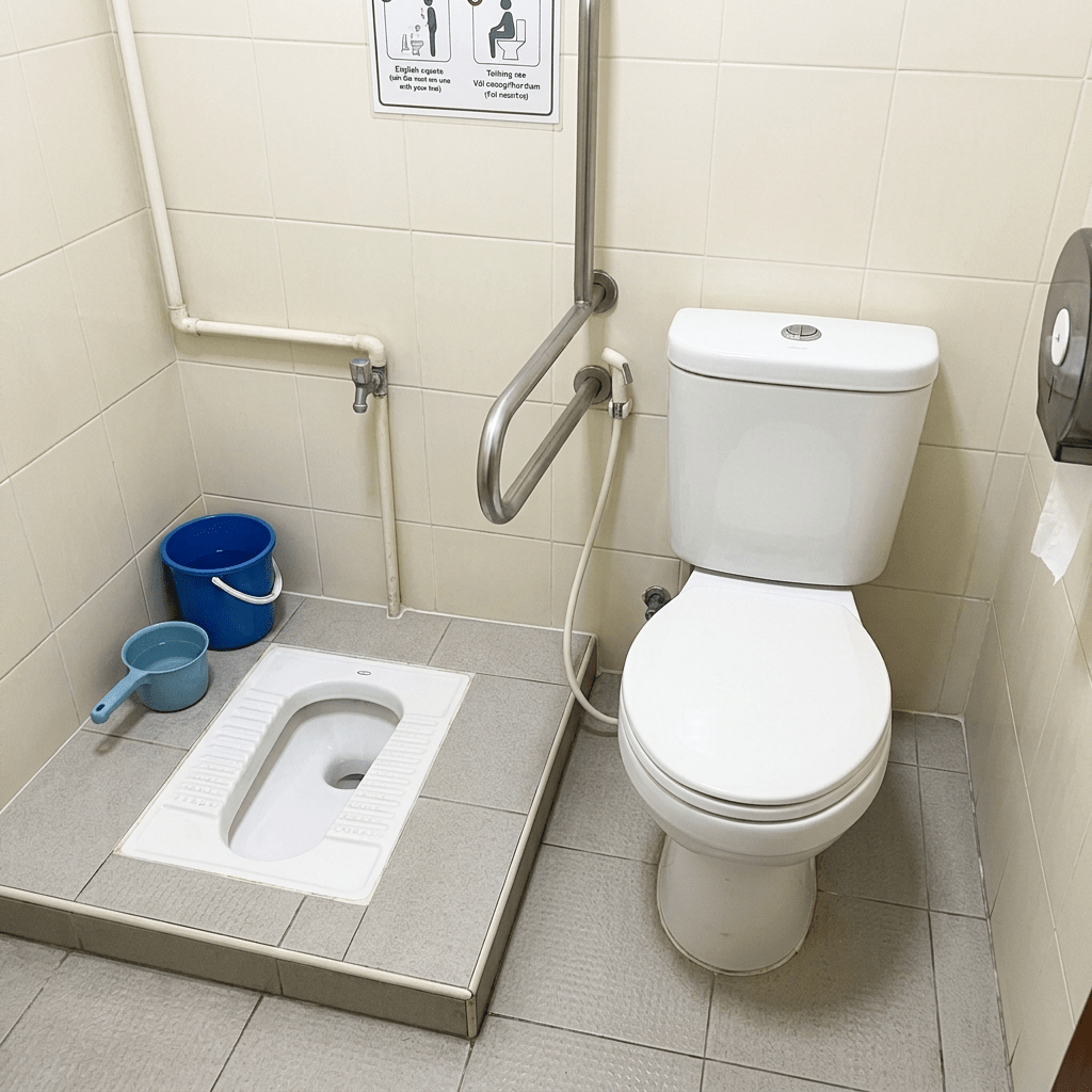 Bathroom with a squat toilet, a Western flush toilet, stainless steel handrail, water tap, blue bucket, and plastic scoop
