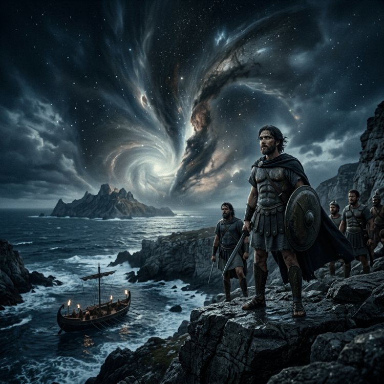 Ancient warriors in armor standing on rocky cliffs overlooking a turbulent sea with a wooden ship and a swirling cosmic sky